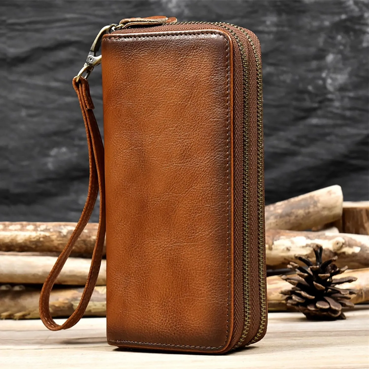 Genuine Leather Long Wallet for Men, Large Capacity Purse Clutch Bag Handbag Checkbook Cash Credit Cards Phone Holder