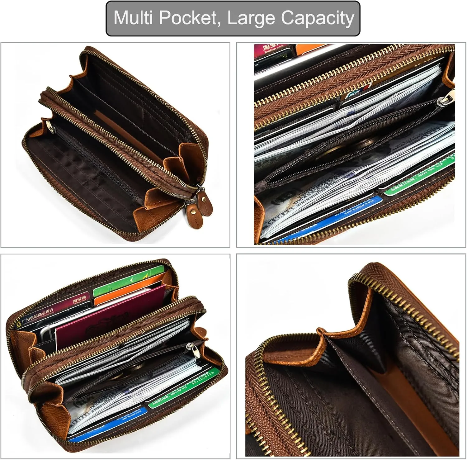 Genuine Leather Long Wallet for Men, Large Capacity Purse Clutch Bag Handbag Checkbook Cash Credit Cards Phone Holder