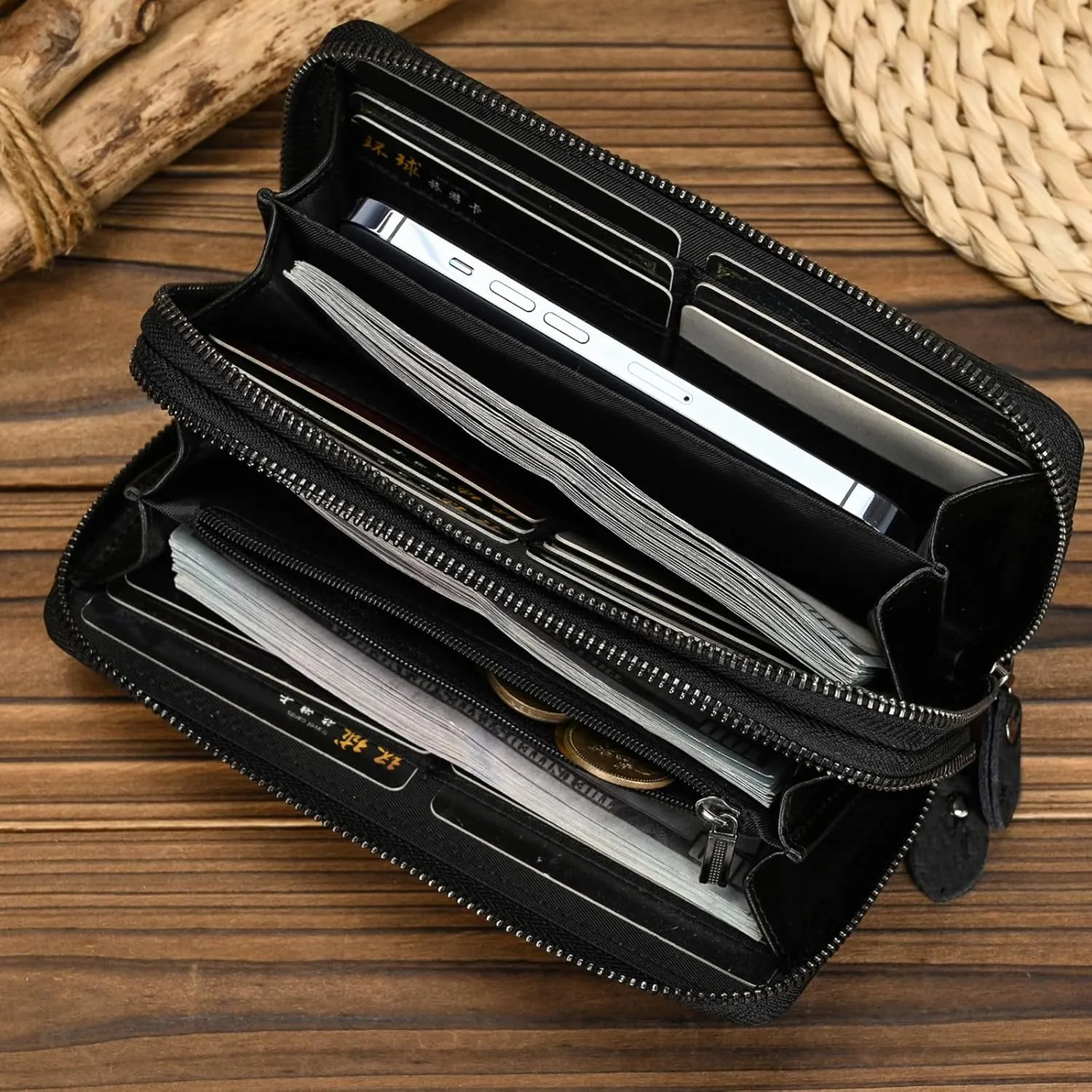 Genuine Leather Long Wallet for Men, Large Capacity Purse Clutch Bag Handbag Checkbook Cash Credit Cards Phone Holder