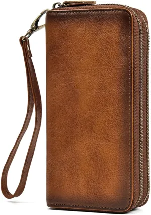 Genuine Leather Long Wallet for Men, Large Capacity Purse Clutch Bag Handbag Checkbook Cash Credit Cards Phone Holder