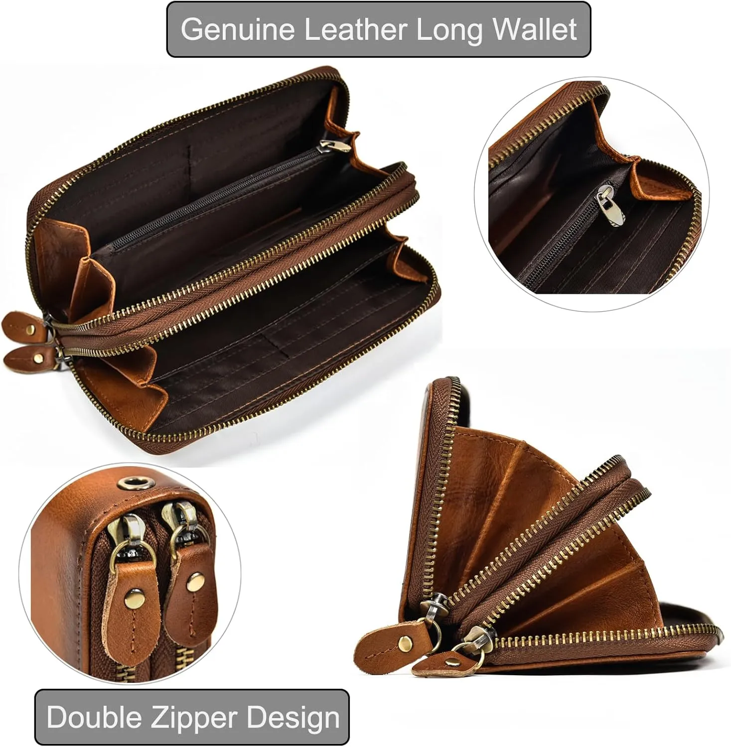 Genuine Leather Long Wallet for Men, Large Capacity Purse Clutch Bag Handbag Checkbook Cash Credit Cards Phone Holder
