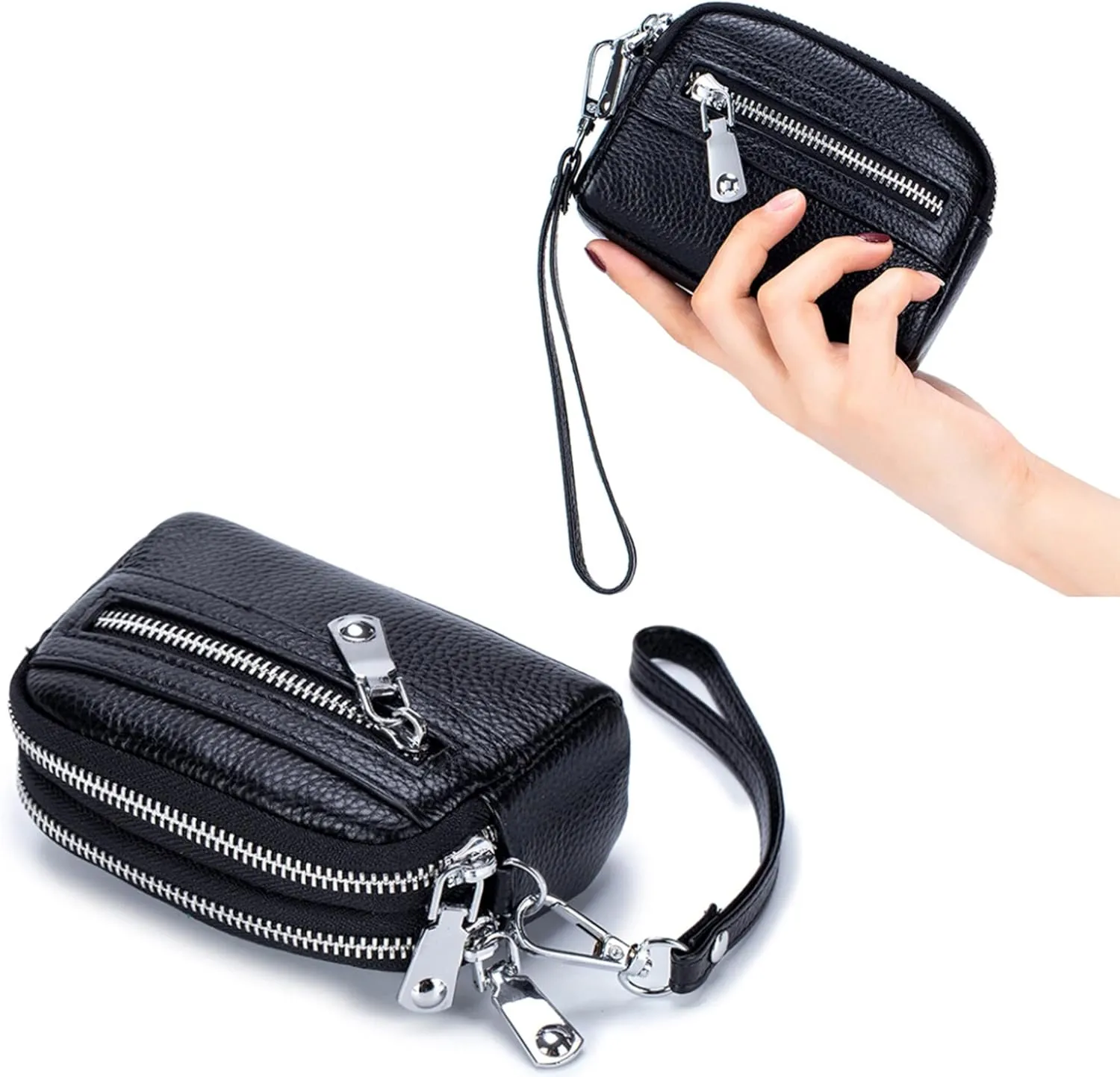 Genuine Leather Mini Wristlet Wallet Coin Pouch Handbag Clutch with Wrist Strap (Dark Red)