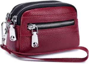 Genuine Leather Mini Wristlet Wallet Coin Pouch Handbag Clutch with Wrist Strap (Dark Red)