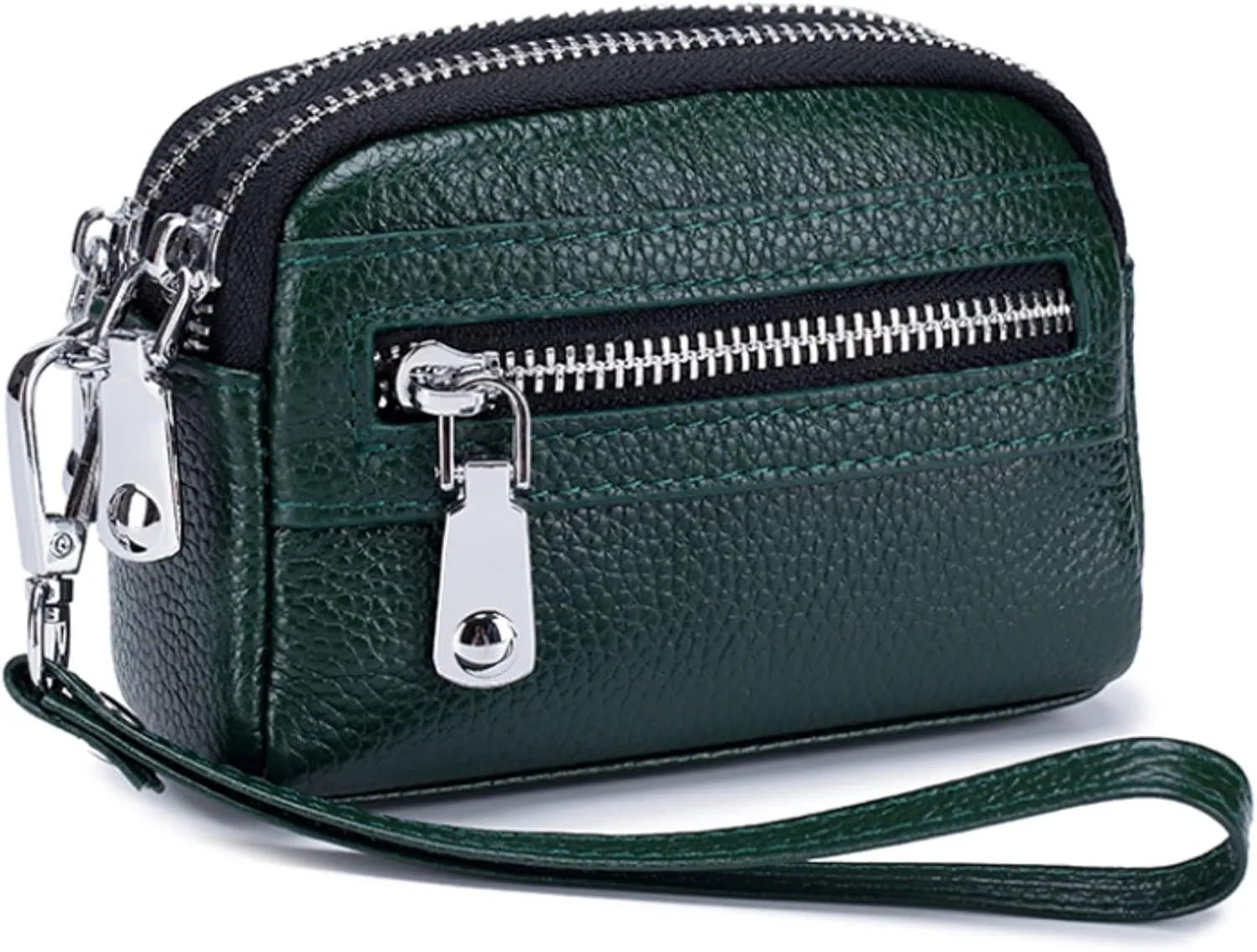 Genuine Leather Mini Wristlet Wallet Coin Pouch Handbag Clutch with Wrist Strap (Green)