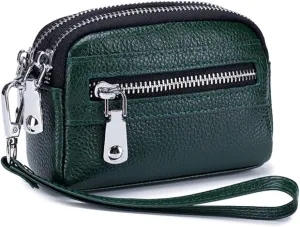 Genuine Leather Mini Wristlet Wallet Coin Pouch Handbag Clutch with Wrist Strap (Green)