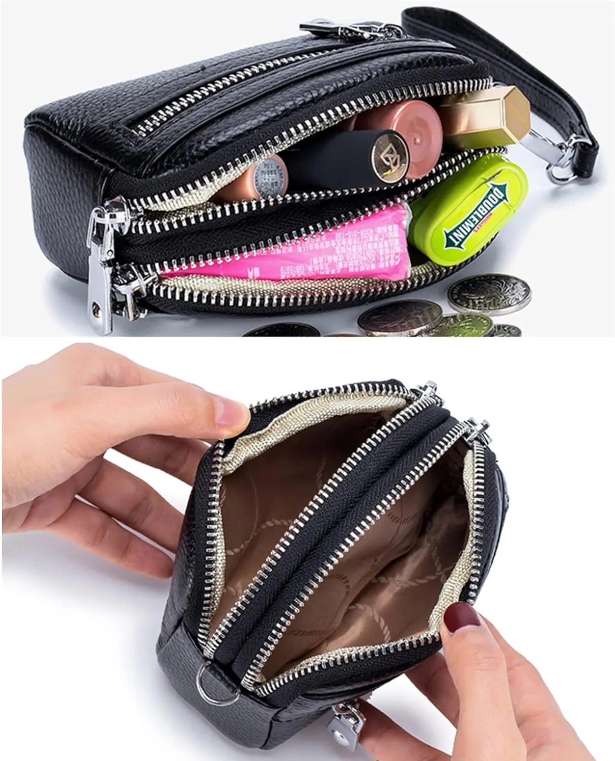 Genuine Leather Mini Wristlet Wallet Coin Pouch Handbag Clutch with Wrist Strap (Green)