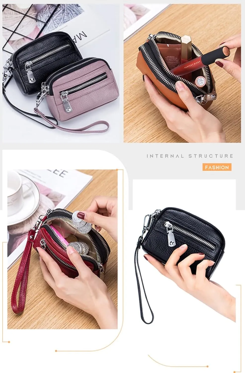 Genuine Leather Mini Wristlet Wallet for Women, 3 Zipped Coin Purse Small Pouch with Wristlet Strap (Burgundy)