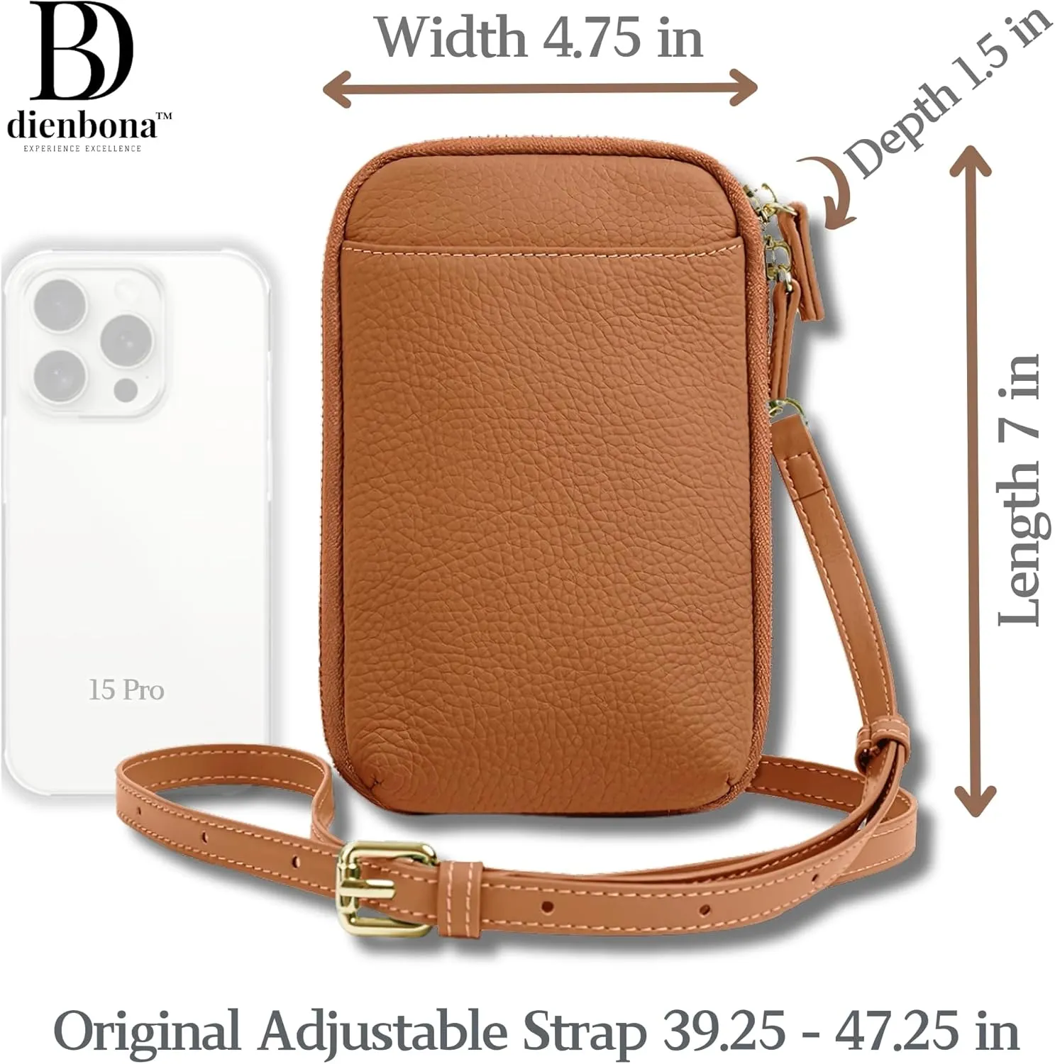 Genuine Leather Small Crossbody Phone Zipper Wallet with Replacement Adjustable Wide Strap & Key Ring, Card Slots Purse