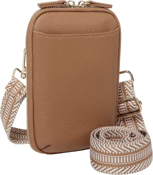 Genuine Leather Small Crossbody Phone Zipper Wallet with Replacement Adjustable Wide Strap & Key Ring, Card Slots Purse