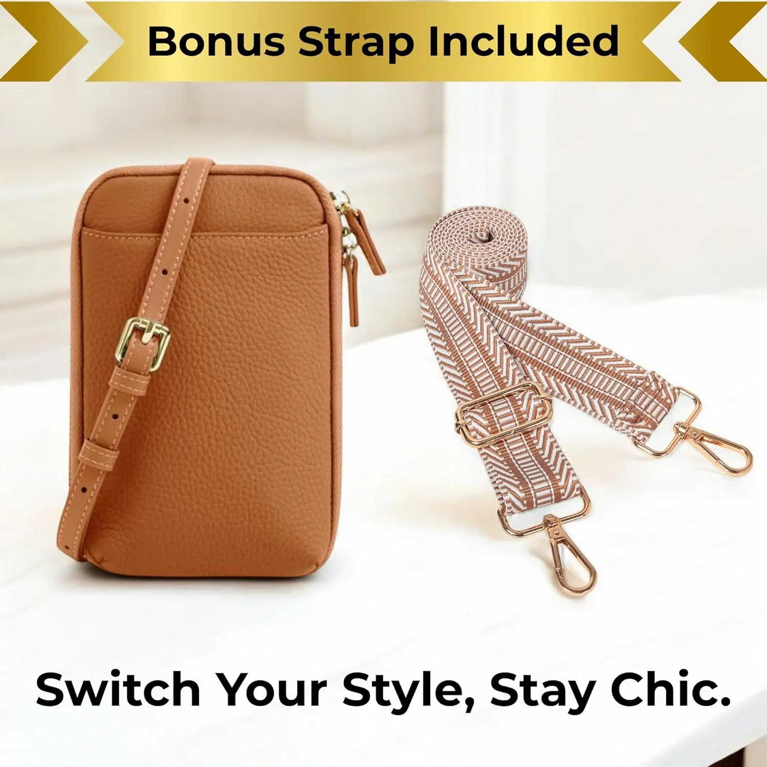 Genuine Leather Small Crossbody Phone Zipper Wallet with Replacement Adjustable Wide Strap & Key Ring, Card Slots Purse