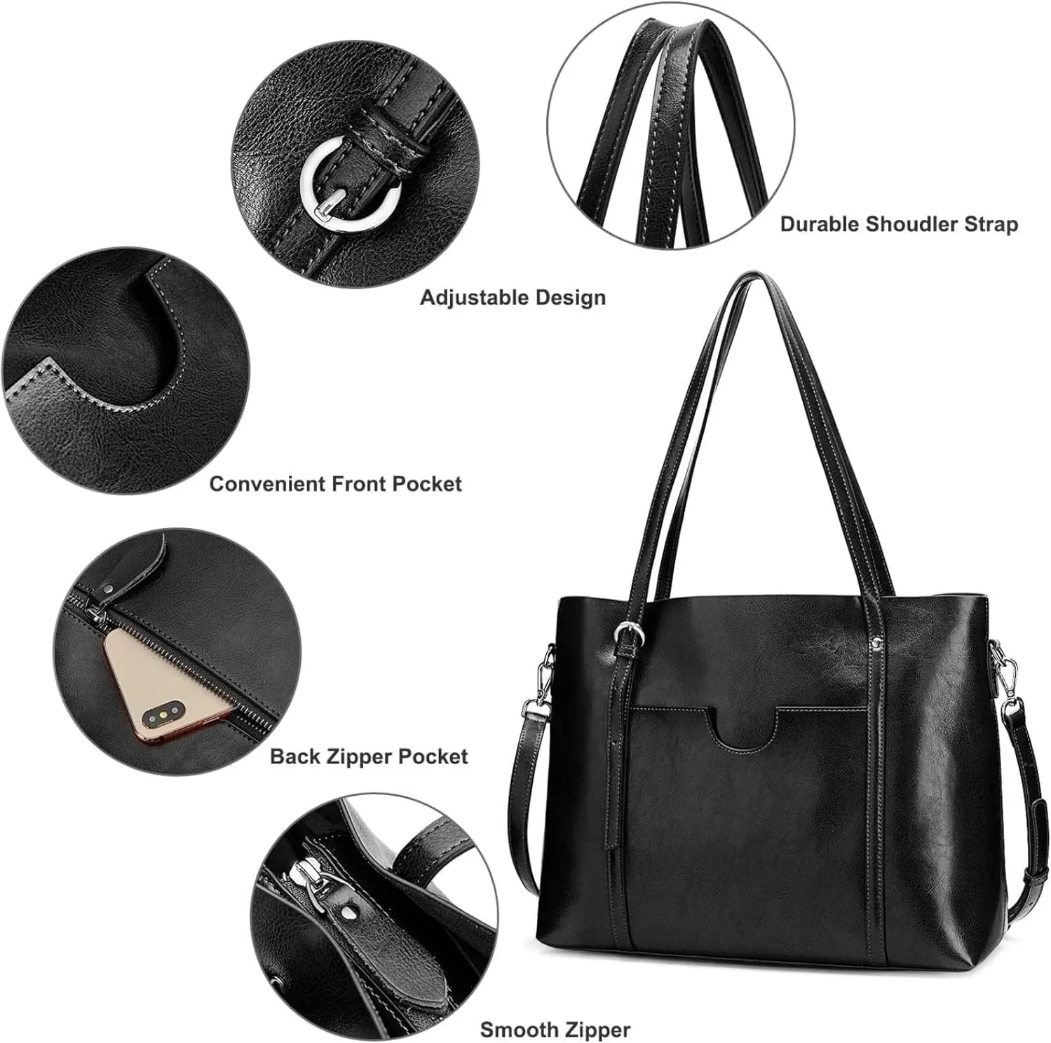 Genuine Leather Tote Bag for Women – Large Capacity Work Bag with Zipper, Adjustable Top Handles, Fits 14-Inch Laptop