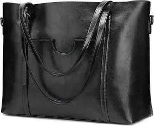 Genuine Leather Tote Bag for Women – Large Capacity Work Bag with Zipper, Adjustable Top Handles, Fits 14-Inch Laptop