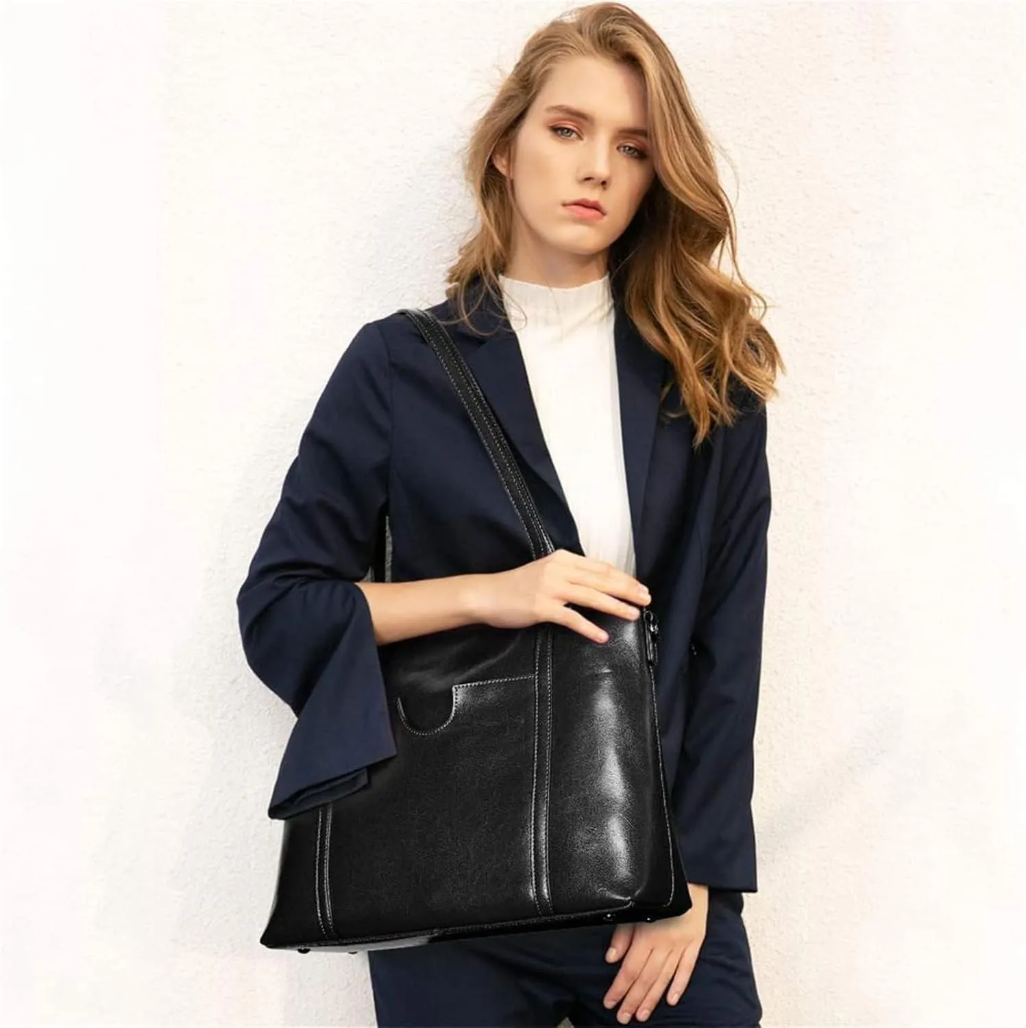 Genuine Leather Tote Bag for Women – Large Capacity Work Bag with Zipper, Adjustable Top Handles, Fits 14-Inch Laptop