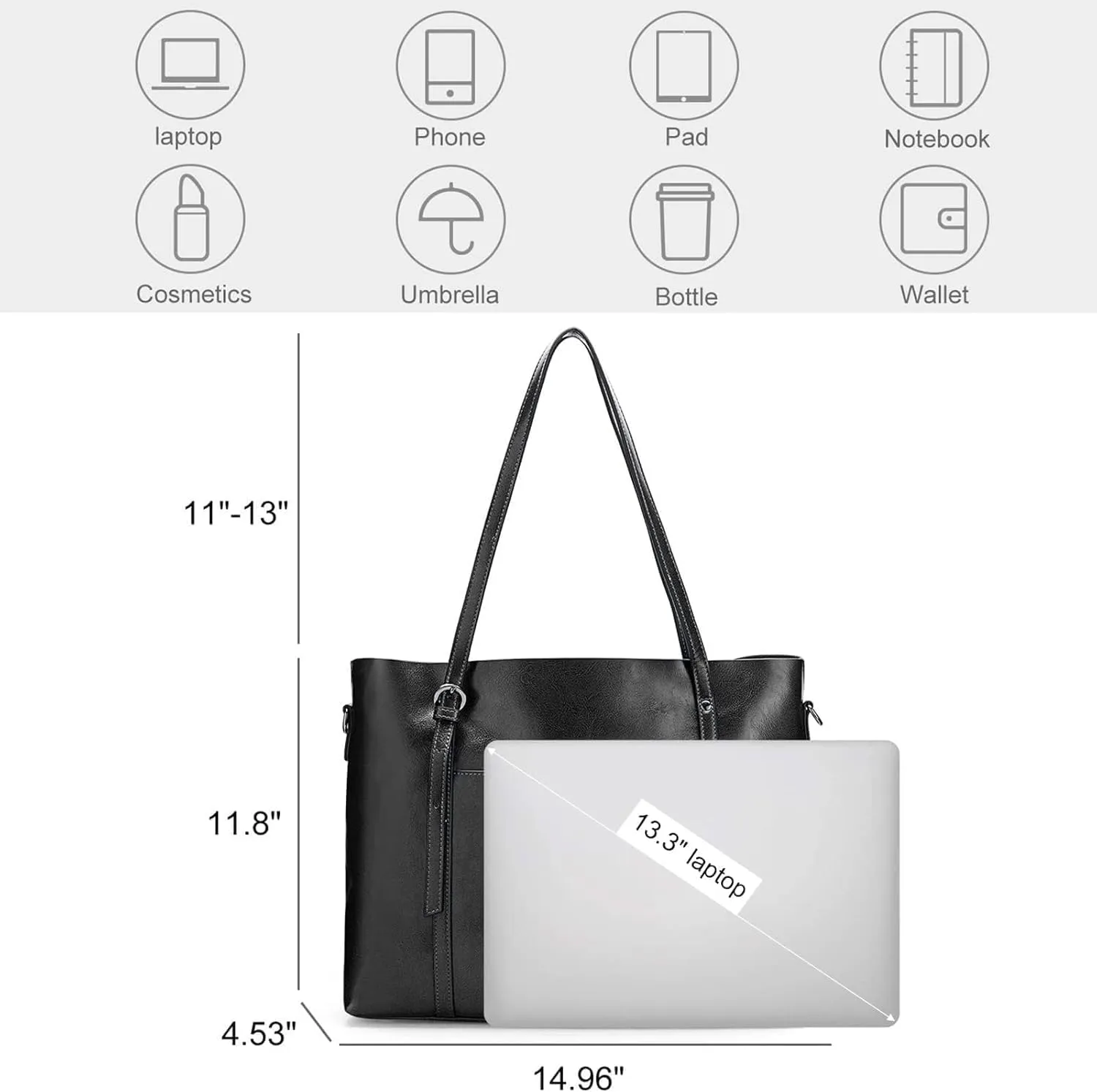 Genuine Leather Tote Bag for Women – Large Capacity Work Bag with Zipper, Adjustable Top Handles, Fits 14-Inch Laptop