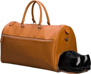 Genuine Leather Travel Bag with Shoe Compartment - Weekender/overnight bag, carry on, duffel bag (Brown)