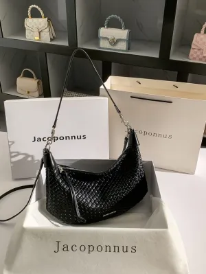 Genuine leather woven black croissant bag women 2024 new light luxury niche senior sense large capacity underarm bag