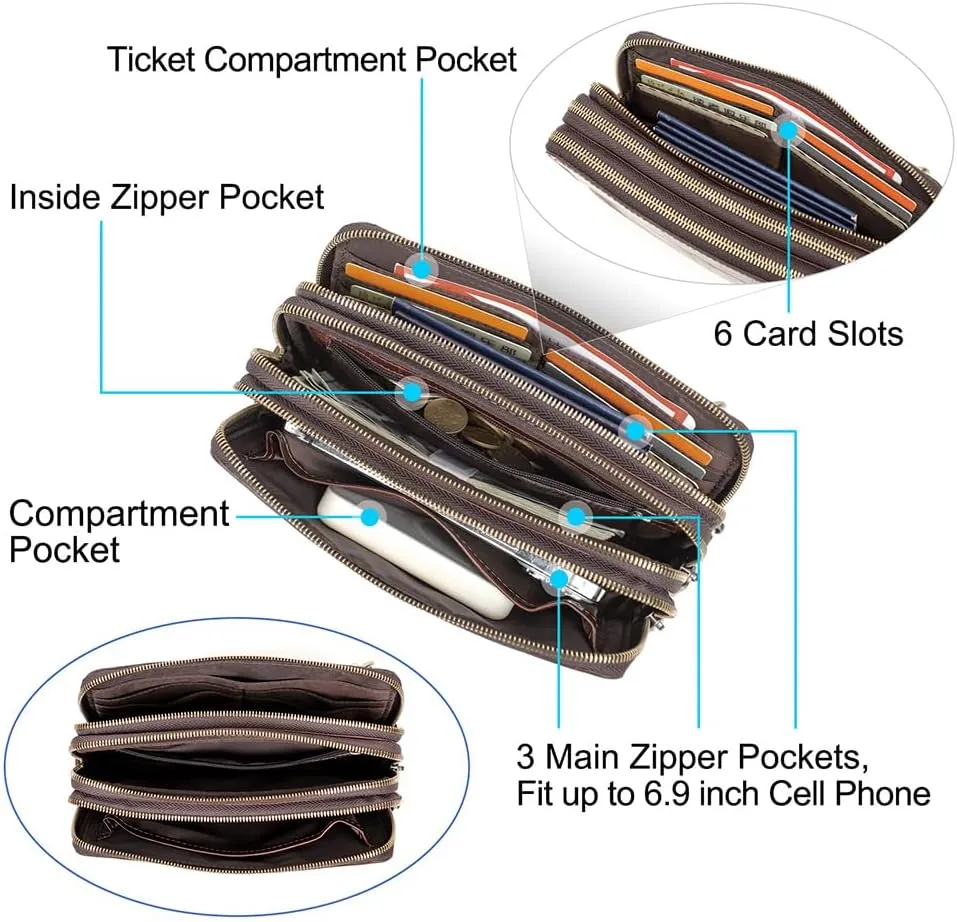 Genuine Leather Wristlet Clutch Purse for Unisex Small Crossbody Bag Clutch Wallet Shoulder Handbag