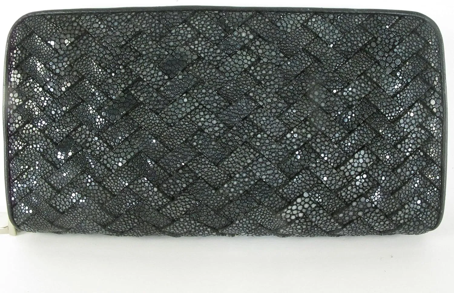 Genuine Polished Stingray Skin Women's Zip Around Intrecciato Braid Handmade Clutch Wallet Purse (Black)