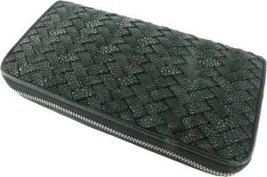Genuine Polished Stingray Skin Women's Zip Around Intrecciato Braid Handmade Clutch Wallet Purse (Black)