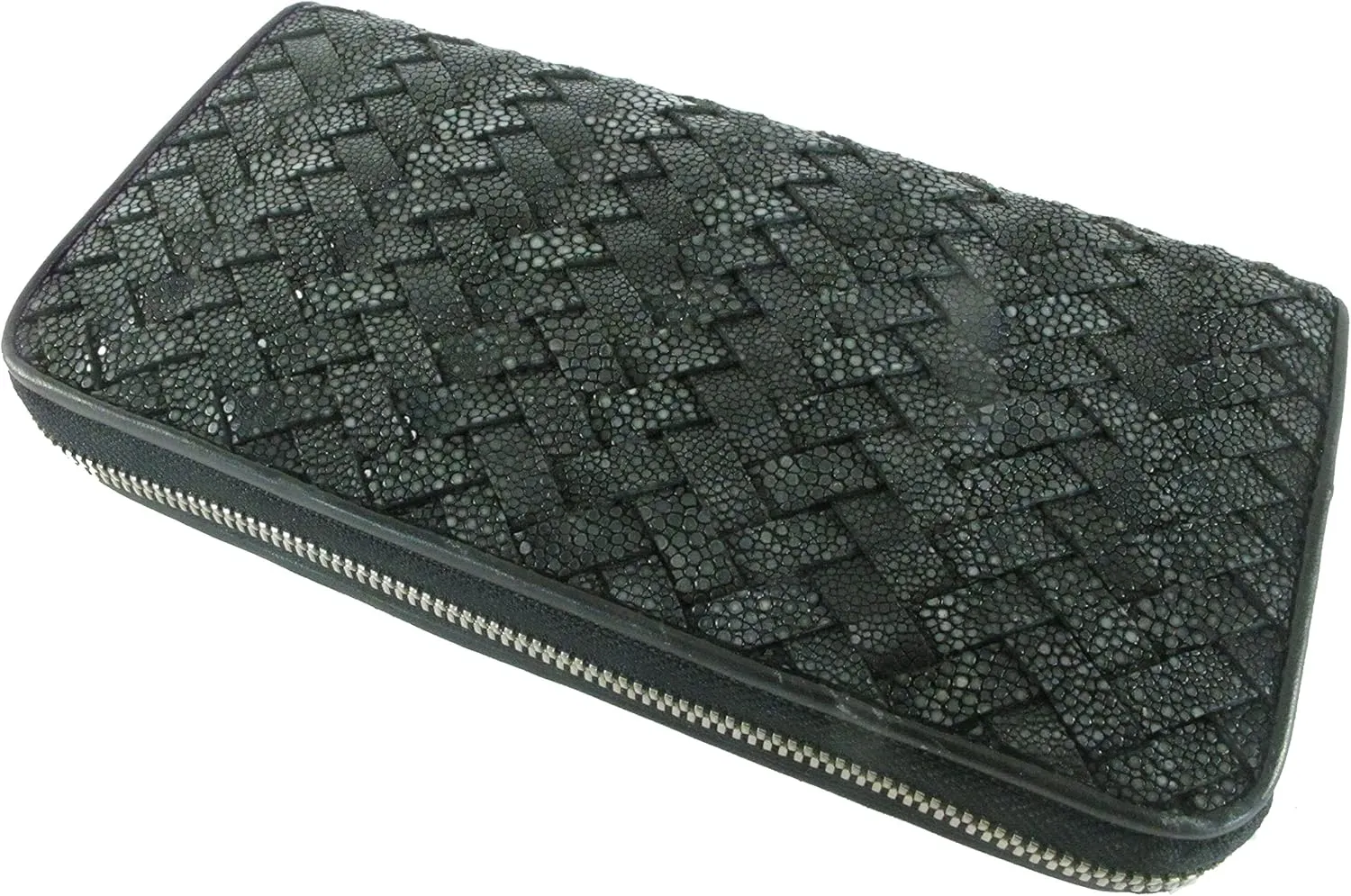 Genuine Polished Stingray Skin Women's Zip Around Intrecciato Braid Handmade Clutch Wallet Purse (Black)