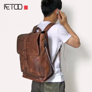 Genuine USB leather cow Laptop Leather Charge Time-saving Backpack Top-notch service External