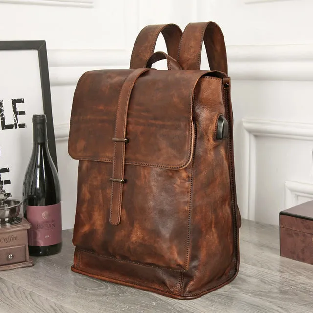 Genuine USB leather cow Laptop Leather Charge Time-saving Backpack Top-notch service External