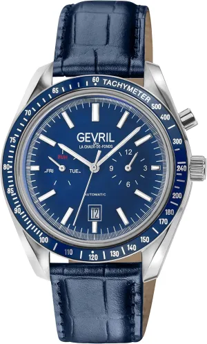 Gevril 49001-2 Men's Lenox Swiss Automatic Watch, Genuine Italian Dark Blue/Blue Stitching Leather Strap
