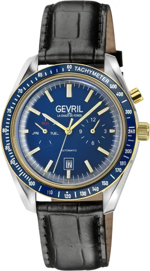 Gevril 49005-1 Men's Lenox Swiss Automatic Watch, Genuine Italian Blk/Blk Stitching Leather Strap