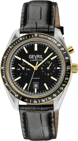 Gevril 49006-1 Men's Lenox Swiss Automatic Watch, Genuine Italian Blk/Blk Stitching Leather Strap