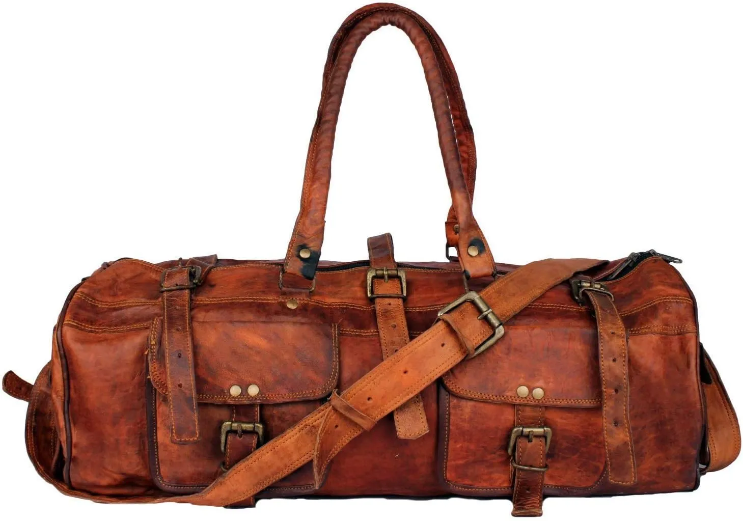 GifteQ Genuine Leather Brown Vintage Luggage Unisex Duffle Travel Bag for Men/Boys/Girls/Women (Round Duffle, 26 inches)