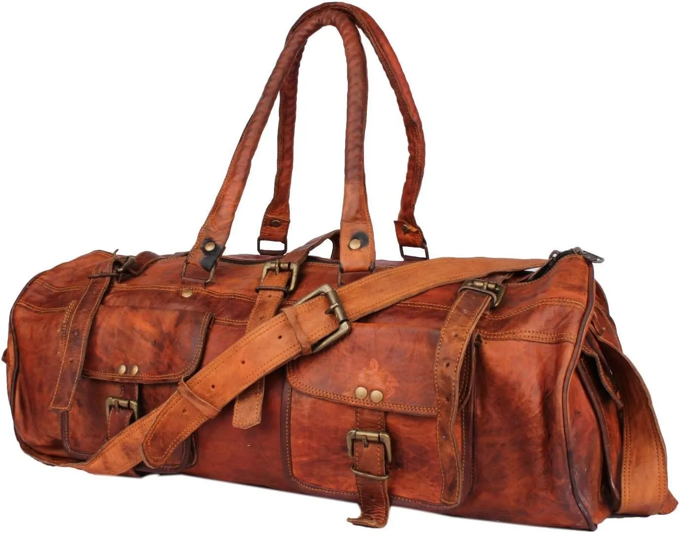 GifteQ Genuine Leather Brown Vintage Luggage Unisex Duffle Travel Bag for Men/Boys/Girls/Women (Round Duffle, 26 inches)
