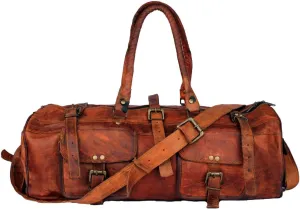 GifteQ Genuine Leather Brown Vintage Luggage Unisex Duffle Travel Bag for Men/Boys/Girls/Women (Round Duffle, 26 inches)