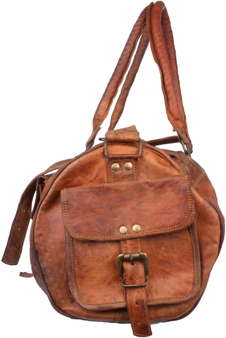 GifteQ Genuine Leather Brown Vintage Luggage Unisex Duffle Travel Bag for Men/Boys/Girls/Women (Round Duffle, 26 inches)