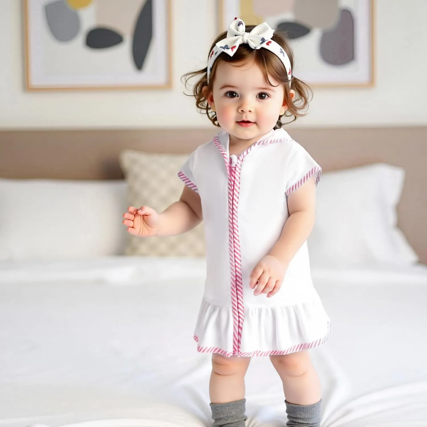 Girls Hooded Terry Coverups One Piece Swimsuits Beach Stripe Trim Zip Up Fly Sleeve Swim Cover Up Swimwear