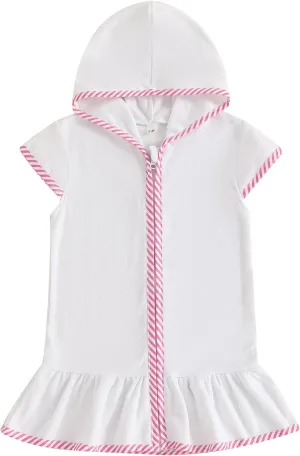 Girls Hooded Terry Coverups One Piece Swimsuits Beach Stripe Trim Zip Up Fly Sleeve Swim Cover Up Swimwear