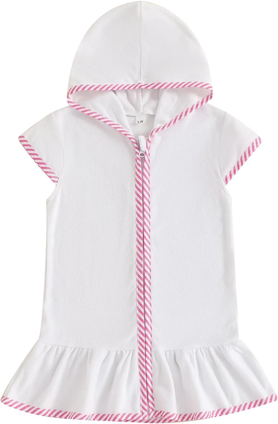 Girls Hooded Terry Coverups One Piece Swimsuits Beach Stripe Trim Zip Up Fly Sleeve Swim Cover Up Swimwear