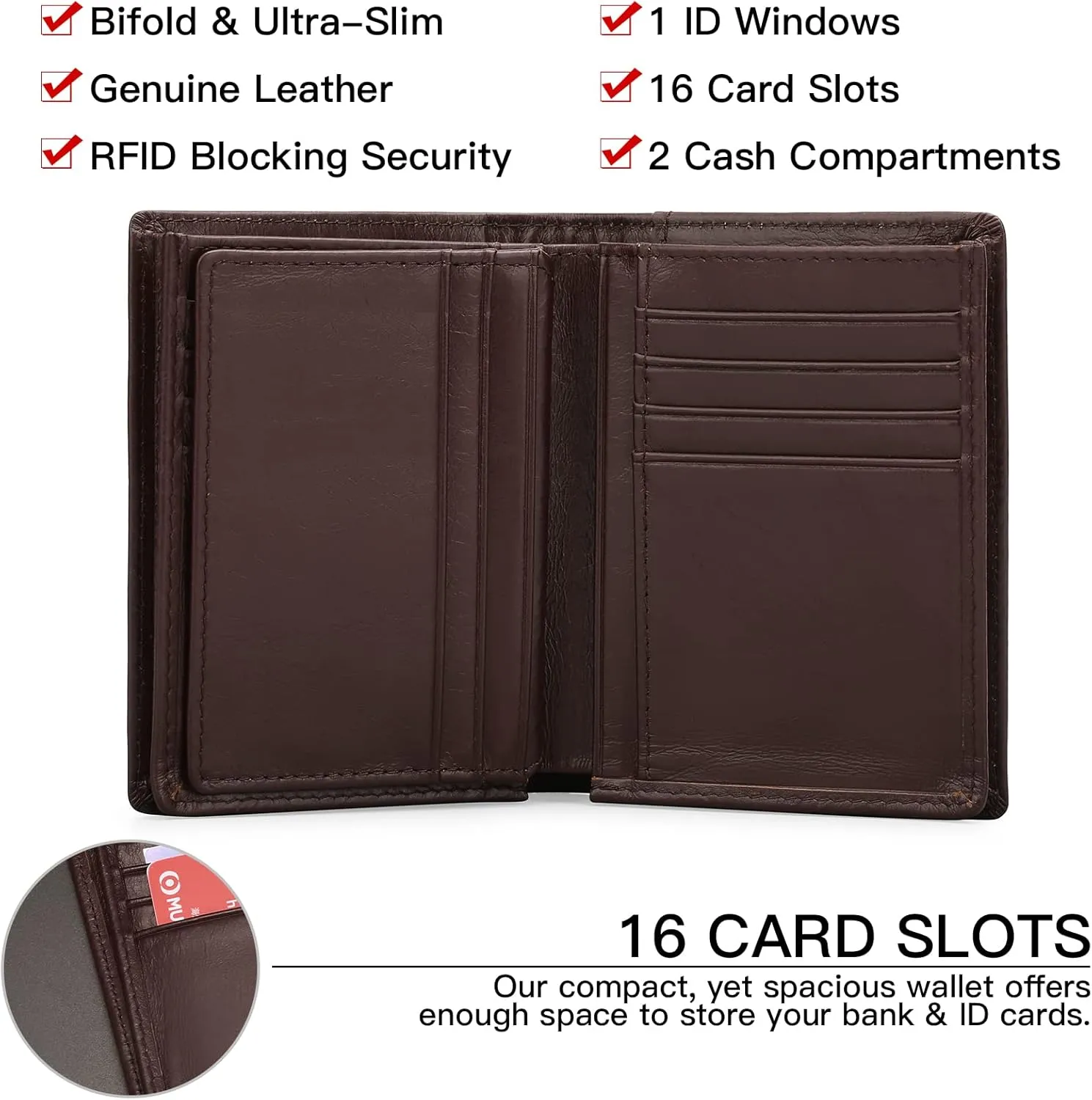 GOIACII Wallets for Men Large Capacity Genuine Leather RFID Mens Bifold Wallet with 16 Card Slots