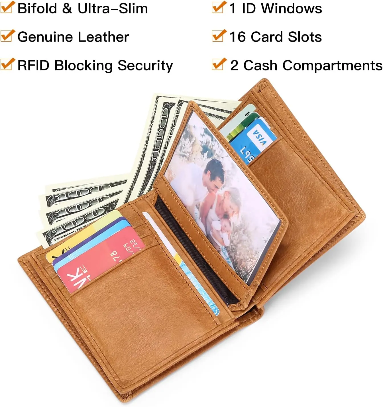 GOIACII Wallets for Men Large Capacity Genuine Leather RFID Mens Bifold Wallet with 16 Card Slots