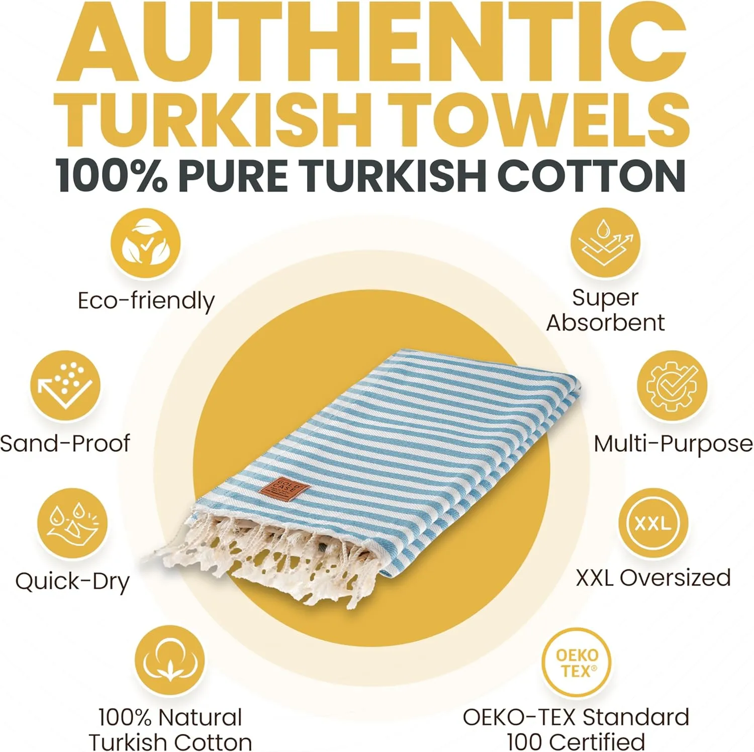 Gold CASE Turkish Beach Towel – 100% Cotton Large Turkish Bath Towels with Bag 71 x 40'' – MYRA Oversized, Quick Dry & Sand Free Towels – Lightweight Peshtemal – Turquoise