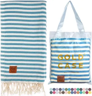Gold CASE Turkish Beach Towel – 100% Cotton Large Turkish Bath Towels with Bag 71 x 40'' – MYRA Oversized, Quick Dry & Sand Free Towels – Lightweight Peshtemal – Turquoise