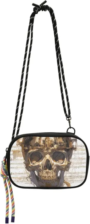 Gold Pirate Skull White Sheet Music Black Crossbody Bag for Women Trendy with Credit Card Slots Handbags Walk dog