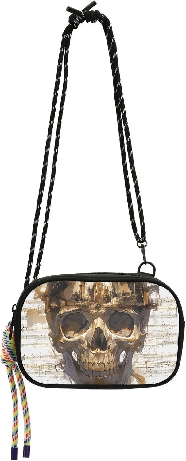 Gold Pirate Skull White Sheet Music Black Crossbody Bag for Women Trendy with Credit Card Slots Handbags Walk dog