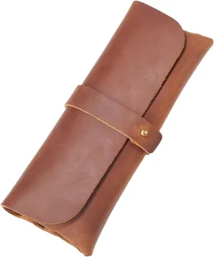GORGECRAFT Genuine Leather Snap Cover Pen Case Coconut Brown Crazy Horse Leather Roll Pouch Rustic Pencil Pouch Large Capacity Stationery Bag Organizer for Men Women Glasses Office Writers Artists