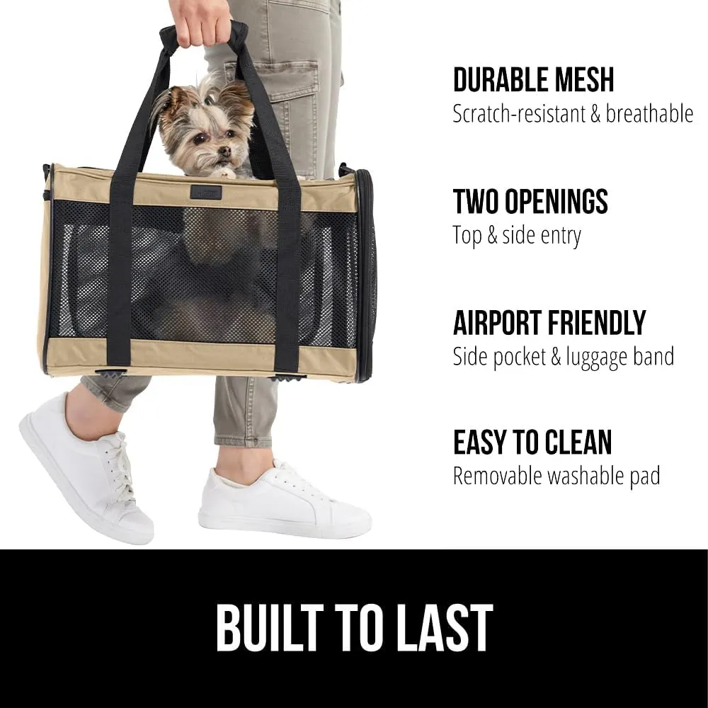 GORILLA GRIP Cat Carrier Travel Bag Up to 15 Lbs, Soft Collapsible Dog Carriers, Kennel for Small Animals, Top and Side Entry Breathable Mesh, Grip Feet Underside, Cozy Washable Waterproof Pad, Beige