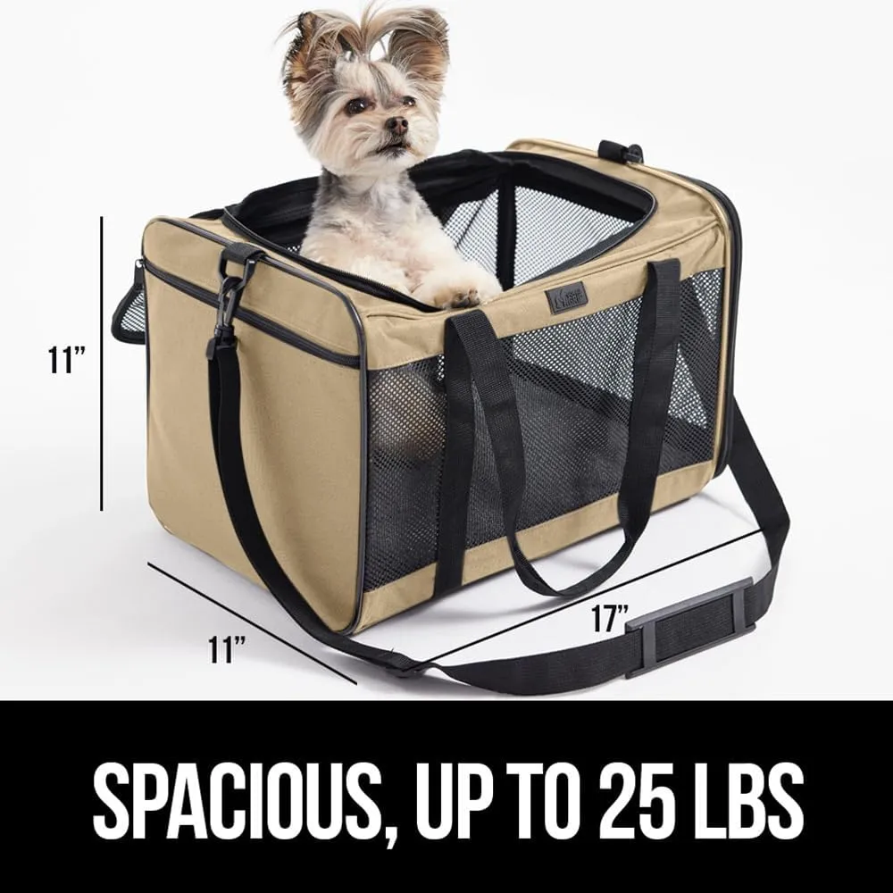GORILLA GRIP Cat Carrier Travel Bag Up to 15 Lbs, Soft Collapsible Dog Carriers, Kennel for Small Animals, Top and Side Entry Breathable Mesh, Grip Feet Underside, Cozy Washable Waterproof Pad, Beige