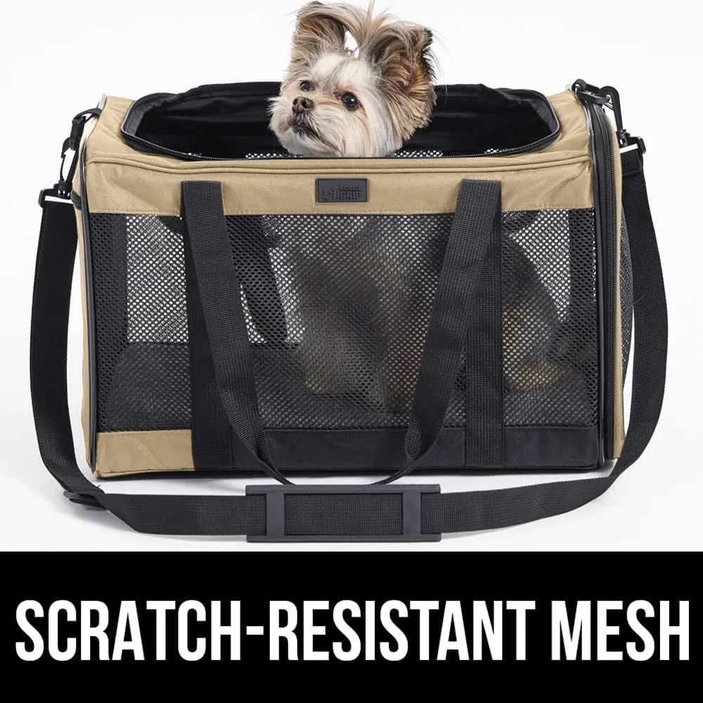 GORILLA GRIP Cat Carrier Travel Bag Up to 15 Lbs, Soft Collapsible Dog Carriers, Kennel for Small Animals, Top and Side Entry Breathable Mesh, Grip Feet Underside, Cozy Washable Waterproof Pad, Beige