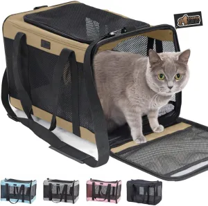 GORILLA GRIP Cat Carrier Travel Bag Up to 15 Lbs, Soft Collapsible Dog Carriers, Kennel for Small Animals, Top and Side Entry Breathable Mesh, Grip Feet Underside, Cozy Washable Waterproof Pad, Beige
