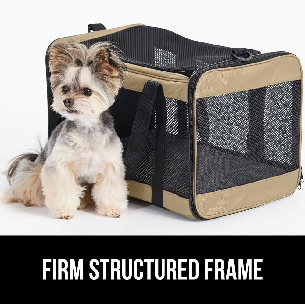 GORILLA GRIP Cat Carrier Travel Bag Up to 15 Lbs, Soft Collapsible Dog Carriers, Kennel for Small Animals, Top and Side Entry Breathable Mesh, Grip Feet Underside, Cozy Washable Waterproof Pad, Beige