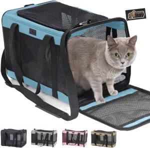GORILLA GRIP Cat Carrier Travel Bag Up to 15 Lbs, Soft Collapsible Dog Carriers, Kennel for Small Animals, Top and Side Entry Breathable Mesh, Grip Feet Underside, Cozy Washable Waterproof Pad, Blue
