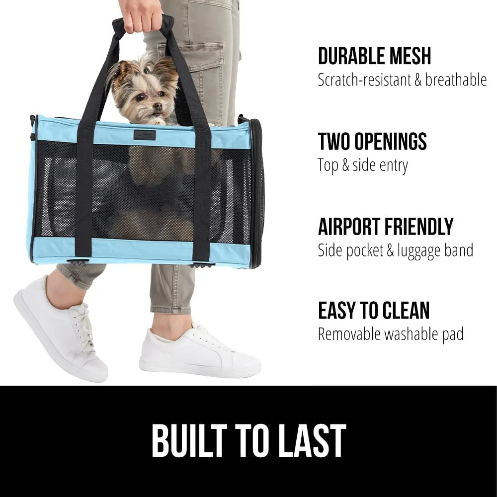GORILLA GRIP Cat Carrier Travel Bag Up to 15 Lbs, Soft Collapsible Dog Carriers, Kennel for Small Animals, Top and Side Entry Breathable Mesh, Grip Feet Underside, Cozy Washable Waterproof Pad, Blue
